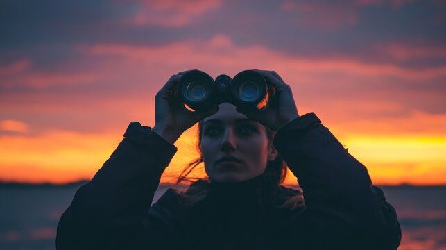 Woman observing sunset with binoculars