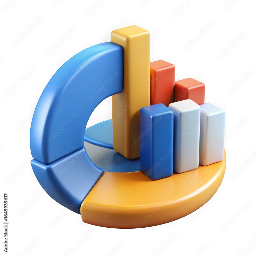 Poster 3D infographic with a pie chart and bar graph showing data analysis and growth on a black background isolated on a transparent background