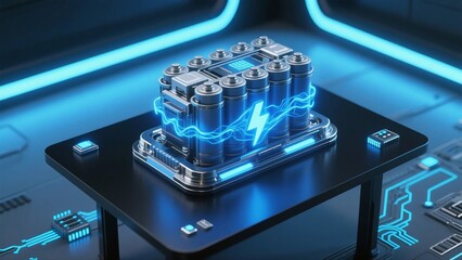 A modern rechargeable battery pack with a lightning symbol illustration, showcasing advanced energy storage technology in a digital setting.
