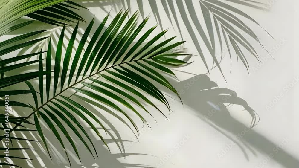 Poster palm leaves cast intricate shadows on a light background, creating a beautiful contrast in the warm 