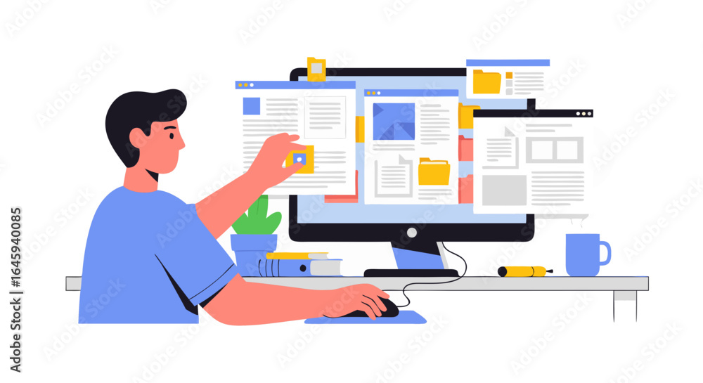 Poster cartoon illustration showcasing digital workflow and content management on desktop computer for mode