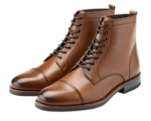 Pair of brown leather boots isolated on transparent background