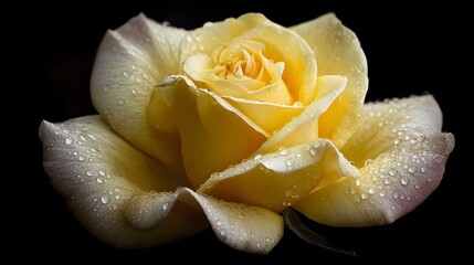 Close-up of a delicate yellow rose with water droplets.