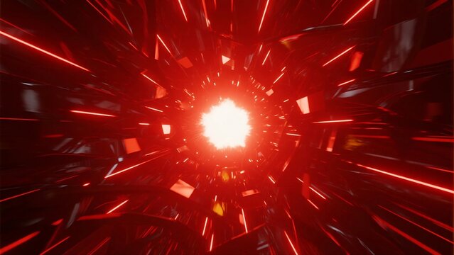 An abstract visual effect featuring a red light burst with dynamic geometric patterns and glowing elements, showcasing digital rendering and 3D technology.
