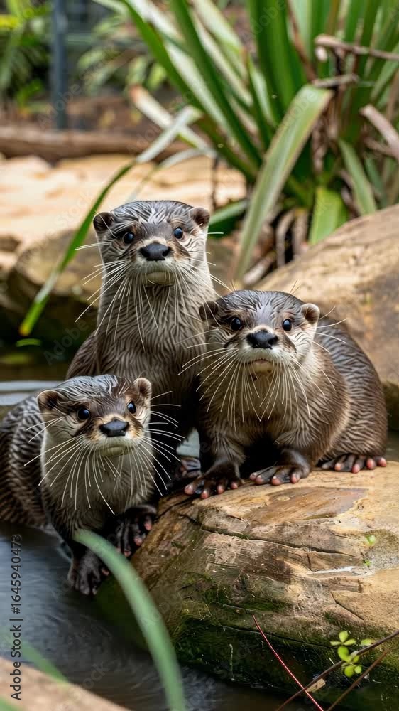 Poster three otters are engaging with each other while resting on rocks near calm water, surrounded by gree