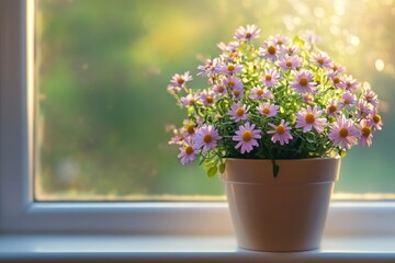 Fototapeta premium Pink daisies in white pot by sunlit window