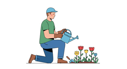 Gardener tending tulip garden with a watering can in a minimalist illustration style for springtime scenes and horticulture themes