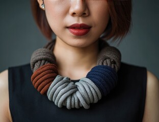 Close-up portrait of woman wearing colorful necklace