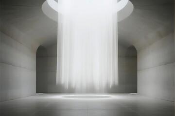 Light streams through a circular opening, creating a vertical curtain of light in a minimalist concrete architectural space.