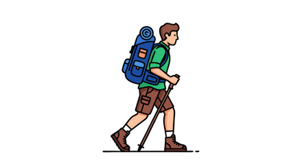 Naklejka premium Detailed cartoon illustration of a hiker with a backpack and trekking poles on a white background