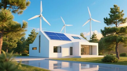 A modern eco-friendly house equipped with solar panels and wind turbines, utilizing renewable energy for sustainable living.