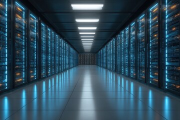 Fototapeta premium Data Center Server Room with Blue Lights and Reflective Floor