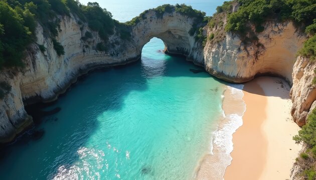 Stunning aerial view of secluded beach cove with turquoise, crystal-clear water lapping against pristine sandy shore. Jagged cliffs topped with rich green foliage frame picturesque bay, creating