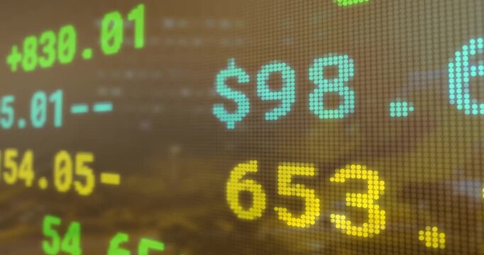 First frame starting pixel LED ticker updating turquoise yellow green values showing volatility