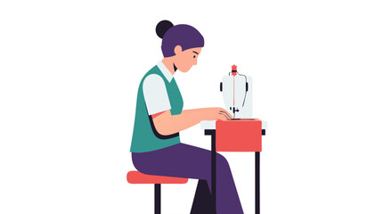 Illustration portraying a female tailor diligently operating a sewing machine in her workspace