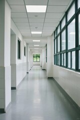 An empty, clean long school corridor with white walls, bright windows, and polished floors, showcasing modern interior design.