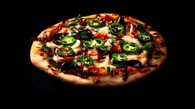 Close-up of a flavorful pizza with assorted toppings.