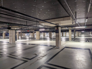 Industrial underground parking garage with concrete pillars and fluorescent lighting creating geometric perspective