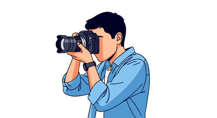 Cartoon style illustration of a photographer taking aim through professional camera optics capturing a fleeting moment with modern gear and intent