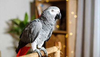 Fototapeta premium African Grey Parrot on Perch Indoors