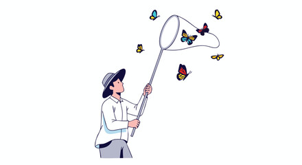 Chasing Dreams: A Whimsical Illustration of a Person with a Butterfly Net on a Bright Day