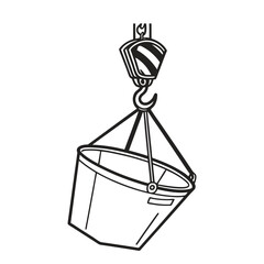 Vector illustration of a construction cement bucket hanging from a crane hook. Industrial equipment line art icon.