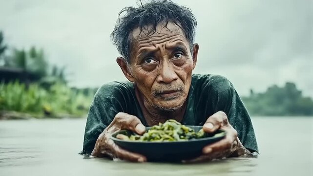 Weathered Hope: A portrait of Resilient Man Amidst Water holding meagre meal