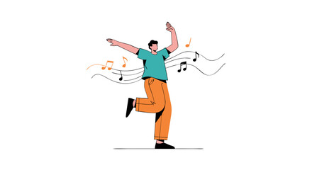 Joyful dance vector illustration with music notes, expressing freedom and happiness, full body flat vector illustration on white background