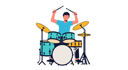 Energetic Drummer Silhouette in Action Cartoon Art Style Illustration on White Background
