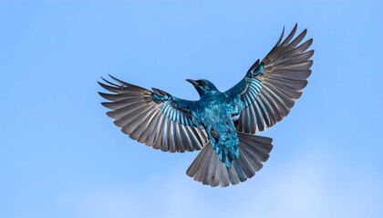 Obraz premium Bird in Mid-Flight Displaying Glossy Blue and Black Feathers Against a Clear Blue Sky