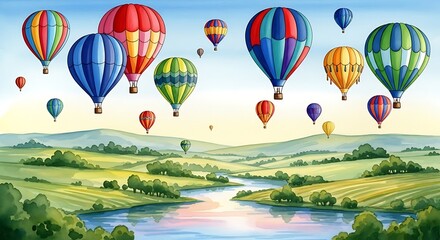 Obraz premium Colorful hot air balloons floating over a landscape with a river and green hills in a watercolor style