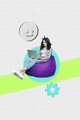 Composite zine artwork pop trend collage of happy freelancer businesswoman surf laptop gearwheel optimization sticker development