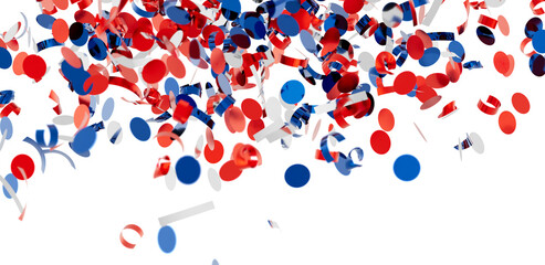 Falling confetti. Red, white, and blue celebration background. Perfect for holidays or parties.