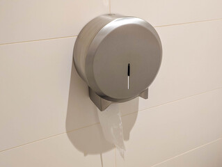 Circular toilet paper dispenser mounted on bathroom wall displaying contemporary commercial...
