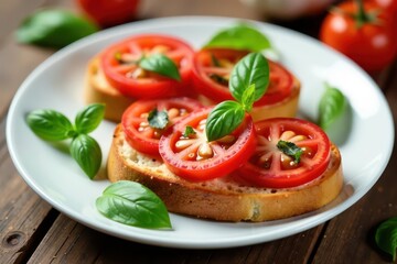 Sliced tomatoes, basil, garlic bruschetta on white plate, dish, bruschetta