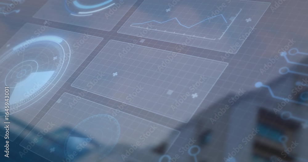 Poster on loading ar overlay, gauge pulsing, graph flickering, code toggling to show building data