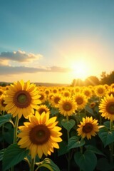 Obraz premium Sunlit sunflowers stretching to horizon, clear sky, bright, yellow, beautiful