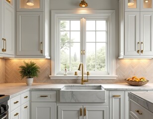 Elegant white kitchen features gold faucet, marble countertops, herringbone tile backsplash. Farmhouse sink, white cabinets with brass hardware. Natural light from large window enhances serene home
