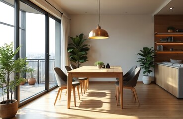 Fototapeta premium Modern minimalist dining room with wooden table, chairs, large windows. Natural light fills space, clean lines of furniture, warm wood tones. Rich indoor plants add touch of nature to urban dwelling.