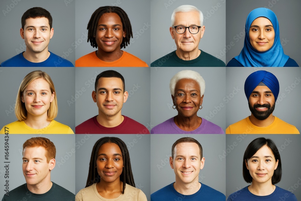 Aufkleber diverse group of twelve people of various ages and ethnicities smiling against a neutral background,