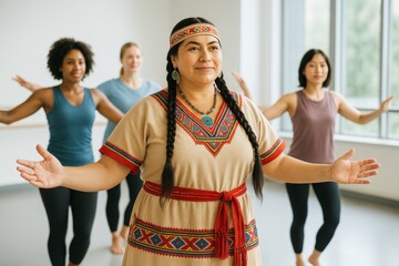 Diverse group of women practicing dance with instructor in traditional attire in bright room with natural light and creative cultural expression. Ai generative