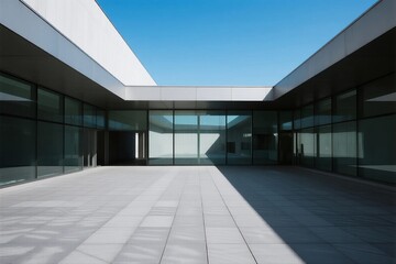 Obraz premium A modern architectural space features large glass walls and an open courtyard with geometric tiled pavement, emphasizing light and shadow.