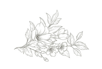 Hand drawn floral composition in line art style. Elegant frame of flowers, branches and leaves. Sketch botanical elements. Vector illustration for logo, tattoo, save the date card, wedding invitation