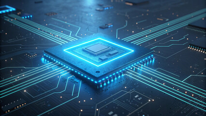 Glowing blue central processor unit on a futuristic circuit board