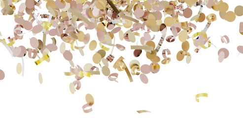 Beautiful rose gold and gold confetti falling on white background. Perfect for celebrations, parties, and festive designs.