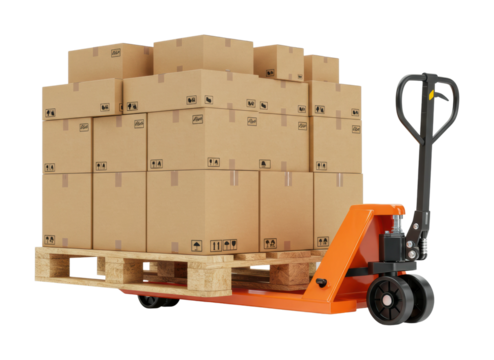 Loading and transporting boxes on a pallet jack in a warehouse environment. Cut out png