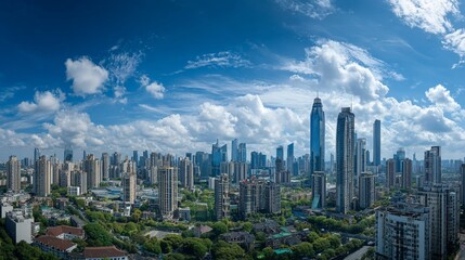 Naklejka premium Aerial panorama of city buildings under a bright blue sky, with clouds, for urban or travel content