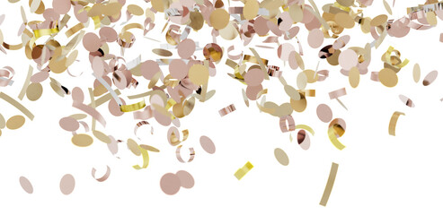 Beautiful image of rose gold and gold confetti falling on a white background. Perfect for celebrations, parties, and festive designs.