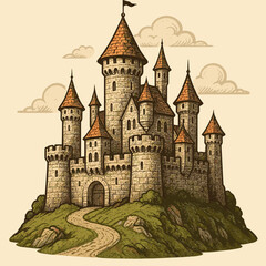 Fototapeta premium Fairytale castle with turrets on a grassy hill under cloudy sky