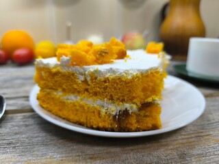 delicious piece of cake . A delicious dessert with layers of sponge cake.